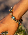 Vintage 14K Gold Slide Bracelet – Pearl & Coral Flowers on Blue Enamel - 6.75 inches, 46gms