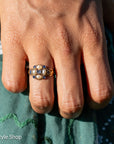 Antique 15K Gold Sapphire & Pearl Cluster Ring
