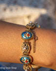 Vintage 14K Gold Slide Bracelet – Pearl & Coral Flowers on Blue Enamel - 6.75 inches, 46gms