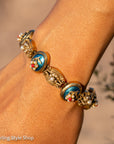 Vintage 14K Gold Slide Bracelet – Pearl & Coral Flowers on Blue Enamel - 6.75 inches, 46gms