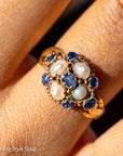 Antique 15K Gold Sapphire & Pearl Cluster Ring