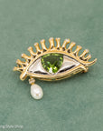 Whimsical 18K Gold Eye Brooch with Peridot, Diamonds & Pearl Teardrop