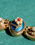 Vintage 14K Gold Slide Bracelet – Pearl & Coral Flowers on Blue Enamel - 6.75 inches, 46gms