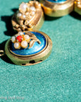 Vintage 14K Gold Slide Bracelet – Pearl & Coral Flowers on Blue Enamel - 6.75 inches, 46gms