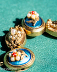 Vintage 14K Gold Slide Bracelet – Pearl & Coral Flowers on Blue Enamel - 6.75 inches, 46gms