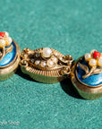 Vintage 14K Gold Slide Bracelet – Pearl & Coral Flowers on Blue Enamel - 6.75 inches, 46gms