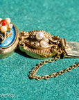 Vintage 14K Gold Slide Bracelet – Pearl & Coral Flowers on Blue Enamel - 6.75 inches, 46gms