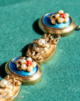 Vintage 14K Gold Slide Bracelet – Pearl & Coral Flowers on Blue Enamel - 6.75 inches, 46gms