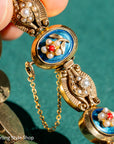 Vintage 14K Gold Slide Bracelet – Pearl & Coral Flowers on Blue Enamel - 6.75 inches, 46gms