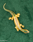 18K Gold Lizard Brooch - Enamel & Rose Cut Diamonds - Ruby-like Eyes