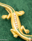 18K Gold Lizard Brooch - Enamel & Rose Cut Diamonds - Ruby-like Eyes