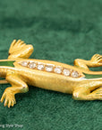 18K Gold Lizard Brooch - Enamel & Rose Cut Diamonds - Ruby-like Eyes