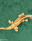18K Gold Lizard Brooch - Enamel & Rose Cut Diamonds - Ruby-like Eyes