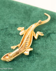 18K Gold Lizard Brooch - Enamel & Rose Cut Diamonds - Ruby-like Eyes