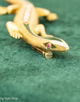 18K Gold Lizard Brooch - Enamel & Rose Cut Diamonds - Ruby-like Eyes