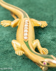 18K Gold Lizard Brooch - Enamel & Rose Cut Diamonds - Ruby-like Eyes