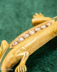 18K Gold Lizard Brooch - Enamel & Rose Cut Diamonds - Ruby-like Eyes