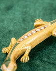 18K Gold Lizard Brooch - Enamel & Rose Cut Diamonds - Ruby-like Eyes