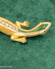 18K Gold Lizard Brooch - Enamel & Rose Cut Diamonds - Ruby-like Eyes