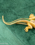18K Gold Lizard Brooch - Enamel & Rose Cut Diamonds - Ruby-like Eyes