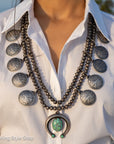Vintage Navajo Sterling Silver Bead Necklace with Naja Pendant and 10 Coin Charms