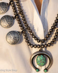 Vintage Navajo Sterling Silver Bead Necklace with Naja Pendant and 10 Coin Charms