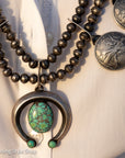 Vintage Navajo Sterling Silver Bead Necklace with Naja Pendant and 10 Coin Charms