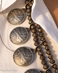 Vintage Navajo Sterling Silver Bead Necklace with Naja Pendant and 10 Coin Charms