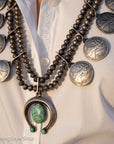 Vintage Navajo Sterling Silver Bead Necklace with Naja Pendant and 10 Coin Charms