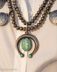 Vintage Navajo Sterling Silver Bead Necklace with Naja Pendant and 10 Coin Charms