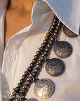 Vintage Navajo Sterling Silver Bead Necklace with Naja Pendant and 10 Coin Charms