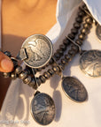 Vintage Navajo Sterling Silver Bead Necklace with Naja Pendant and 10 Coin Charms