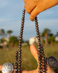 Vintage Navajo Sterling Silver Bead Necklace with Naja Pendant and 10 Coin Charms