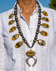Chimney Butte Bumblebee Jasper Squash Blossom Necklace – Sand Cast Naja & Navajo Pearls – 28.5” - Authentic Navajo Jewelry - Southwestern
