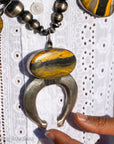 Chimney Butte Bumblebee Jasper Squash Blossom Necklace – Sand Cast Naja & Navajo Pearls – 28.5” - Authentic Navajo Jewelry - Southwestern