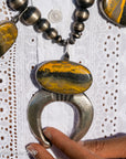 Chimney Butte Bumblebee Jasper Squash Blossom Necklace – Sand Cast Naja & Navajo Pearls – 28.5” - Authentic Navajo Jewelry - Southwestern