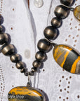 Chimney Butte Bumblebee Jasper Squash Blossom Necklace – Sand Cast Naja & Navajo Pearls – 28.5” - Authentic Navajo Jewelry - Southwestern