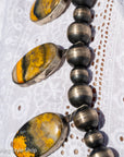 Chimney Butte Bumblebee Jasper Squash Blossom Necklace – Sand Cast Naja & Navajo Pearls – 28.5” - Authentic Navajo Jewelry - Southwestern