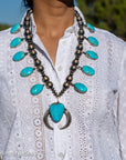 Chimney Butte Navajo Squash Blossom Necklace | Genuine Sonoran Turquoise Statement Jewelry | Vintage Sterling Silver Naja Necklace 24”