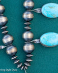 Chimney Butte Navajo Squash Blossom Necklace | Genuine Sonoran Turquoise Statement Jewelry | Vintage Sterling Silver Naja Necklace 24”