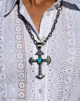 Chimney Butte Sonoran Turquoise Cross Pendant – 3.5” Sterling Silver & Signed Navajo Jewelry – Southwestern Statement Pendant