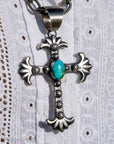 Chimney Butte Sonoran Turquoise Cross Pendant – 3.5” Sterling Silver & Signed Navajo Jewelry – Southwestern Statement Pendant
