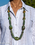 Long Kingman, Chinese & Hubei Turquoise Heishi Necklace – Handmade by Zia & Pueblo Artist Jennifer Lynn Correa – 37” Statement Beaded Necklace – 282g