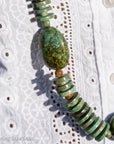 Long Kingman, Chinese & Hubei Turquoise Heishi Necklace – Handmade by Zia & Pueblo Artist Jennifer Lynn Correa – 37” Statement Beaded Necklace – 282g