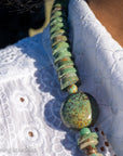 Long Kingman, Chinese & Hubei Turquoise Heishi Necklace – Handmade by Zia & Pueblo Artist Jennifer Lynn Correa – 37” Statement Beaded Necklace – 282g