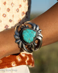 Navajo Chimney Butte Sand Cast Sterling Silver & Turquoise Cuff Bracelet – Native American Jewelry