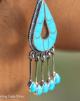 Federico Jimenez Turquoise Inlay Sterling Silver Chandelier Earrings, Signed JF, Southwestern Statement Earrings