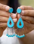 Federico Jimenez Turquoise Inlay Sterling Silver Chandelier Earrings, Signed JF, Southwestern Statement Earrings