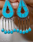 Federico Jimenez Turquoise Inlay Sterling Silver Chandelier Earrings, Signed JF, Southwestern Statement Earrings