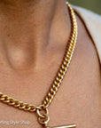 Antique 18k Gold Albert Chain Necklace | 1921 Birmingham Hallmarked Watch Chain, Heavy Curb Link, 60.1g Solid Gold T-Bar Necklace